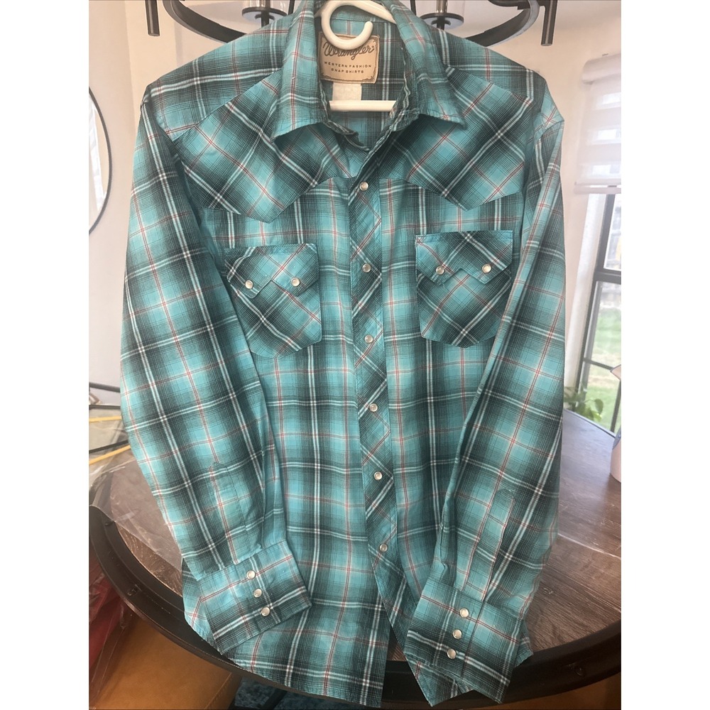 Wrangler Western Shirts Men's XL Teal Plaid Pearl Snaps Button Up Shirt